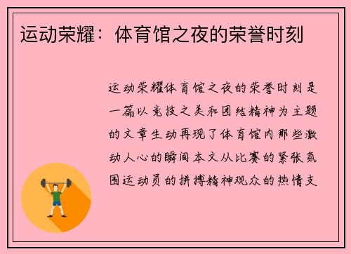 运动荣耀：体育馆之夜的荣誉时刻